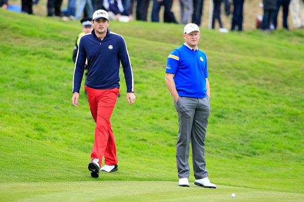 PGATOUR's tweet image. It's a chipping contest at 14 between Donaldson and Bradley. If Keegan loses this hole, it's over. #RyderCup