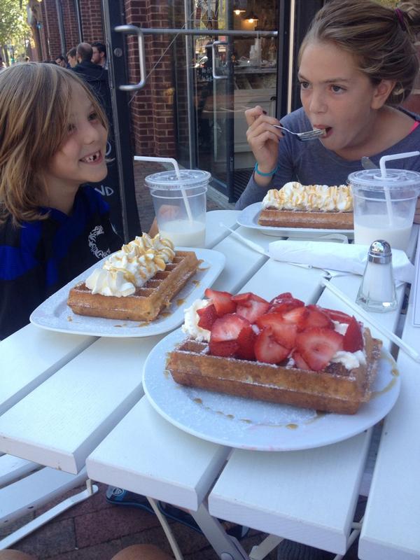 LibbyDowd's tweet image. The children and the waffles. @MaisonMathis #nhv #gscia @TheshopsatYale #getinmybelly