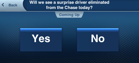 NASCARONFOX's tweet photo. Q1 - Will we see a surprise driver eliminated from the Chase today? Vote » http://t.co/topkZnoqFI #NASCAR #RaceDay http://t.co/7LOeBIiASf