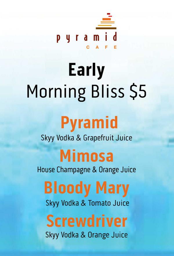 LuxorLV's tweet photo. Make your morning a little more delightful with an Early Morning Bliss cocktail from #PyramidCafe for only $5 each! http://t.co/zPBtR5AYIC