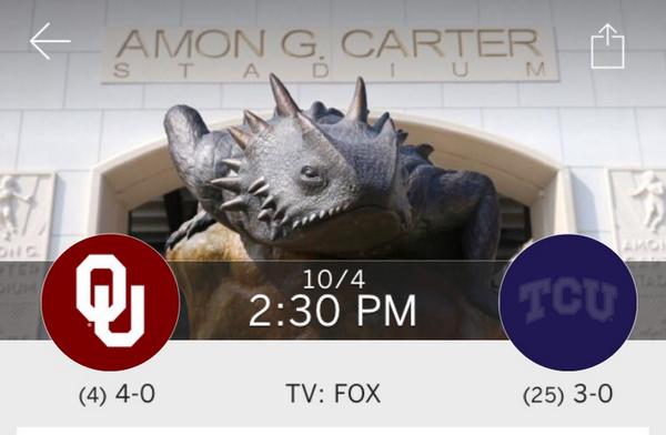 MattMadderra's tweet photo. Next week's @TCUFootball game just got more exciting! #RankedMatchup #TCUvsOU #GoFrogs #AmpItUp http://t.co/K6L35a0FTb