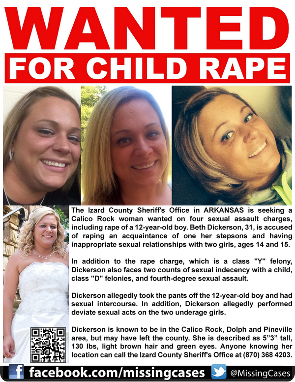MissingCases's tweet photo. #BrideFromHell Beth Dickerson wanted 4 raping 12 y/o boy & 2 teen girls #CalicoRock #ARKANSAS https://t.co/QPyGFVMd5H http://t.co/IEnmUL792k