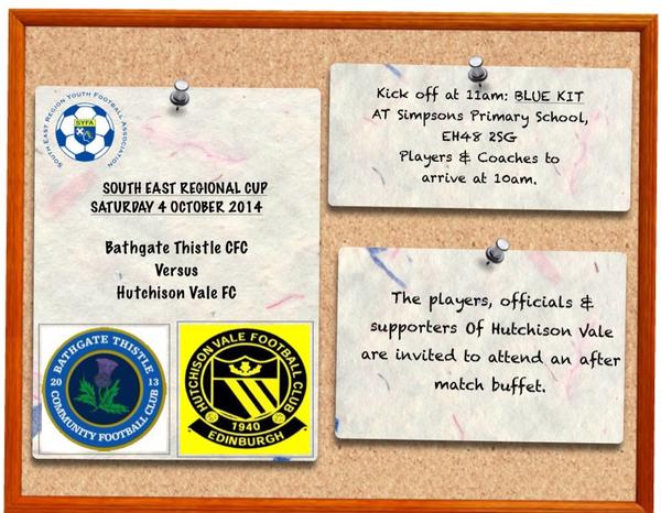 BTCFC2001's tweet photo. South East Regional Cup game - Saturday 4th of October.  Bathgate Thistle v Hutchison Vale FC. @HVFC2001 http://t.co/QYiymnavNF