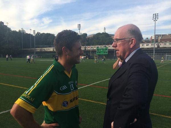Laois meets Offaly @NewYorkGAA; Minister <a href="/CharlieFlanagan/">Charlie Flanagan</a> congratulates Kerry player Willie Mulhall