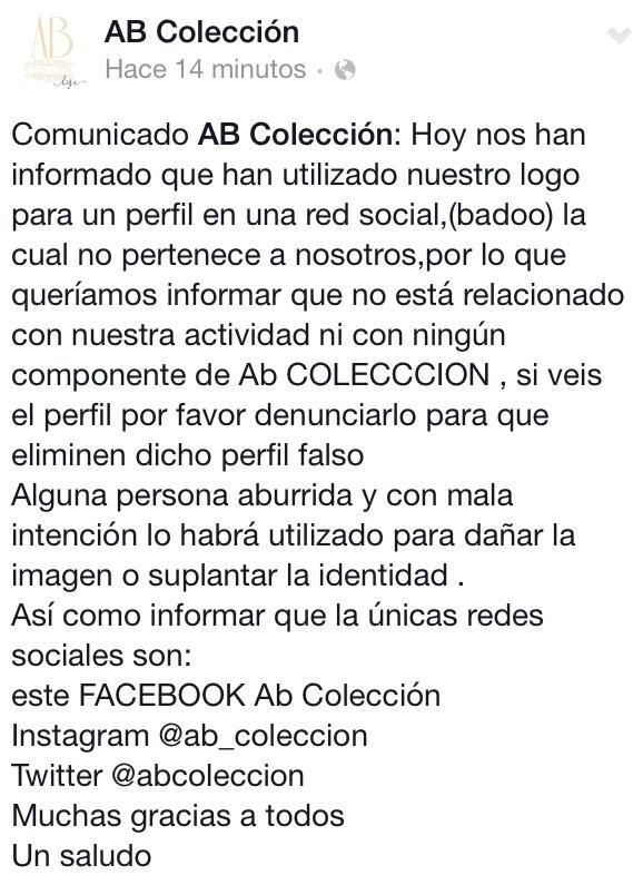 abcoleccion's tweet photo. Comunicado Oficial AB Coleccion por perfil social falso con la imagen de nuestro logo en red social Badoo http://t.co/MAOYDsfA5Z