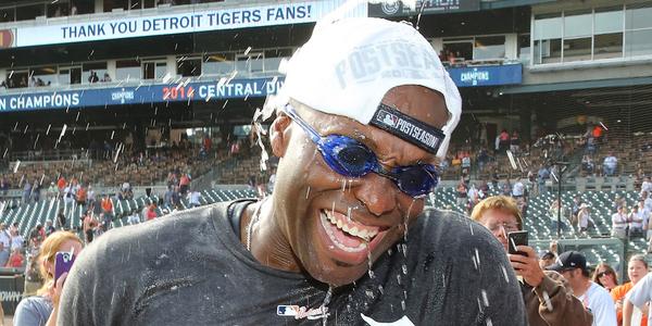 MLB's tweet image. The @Tigers have that celebrating-the-AL-Central-crown thing down pat. #Game162