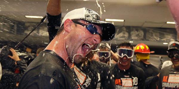 MLB's tweet image. The @Tigers have that celebrating-the-AL-Central-crown thing down pat. #Game162