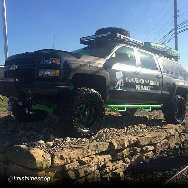 NFABINC's tweet photo. By @finishlineshop "#silverado #woundedwarrior #nfab #chevy #monster #kicker #rigid #oracle #are #arecap #areacce... http://t.co/htVG4KGkBb