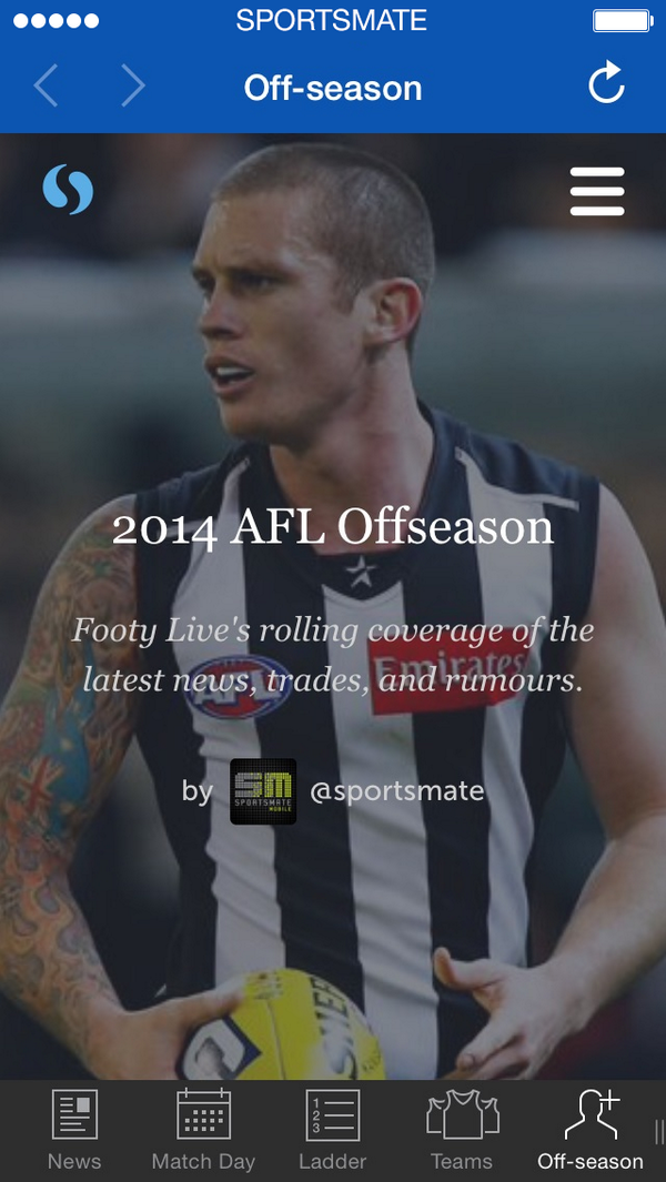 eplLIVE_app's tweet photo. Stay across all the #AFL #tradeweek news with our new Off-season tab! http://t.co/hLpUZ7YDcQ