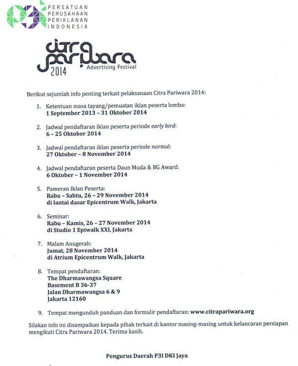 P3Ijkt's tweet photo. Silakan disebar di kantor masing-masing: Info penting terkait pelaksanaan Citra Pariwara 2014. http://t.co/OI1wwYzs0u