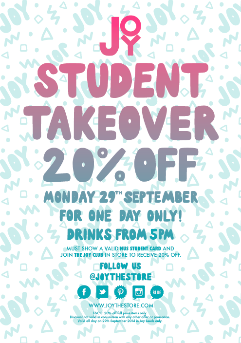 joythestore's tweet photo. Calling all JOY students in #Leeds! Takeover @joystoreleeds TONIGHT from 5pm &amp; get 20% off with valid @nusuk card! http://t.co/3K3u6XREZ9