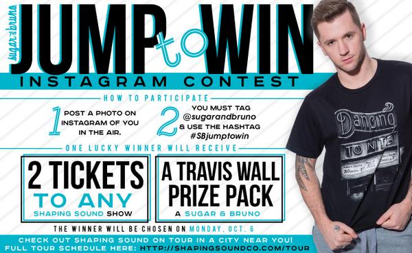 SugarNBrunoCstm's tweet photo. you could win @ShapingSoundCo tickets and a @traviswall prize pack by entering our #JumpToWin contest on Instagram! http://t.co/BpdLWt98hh