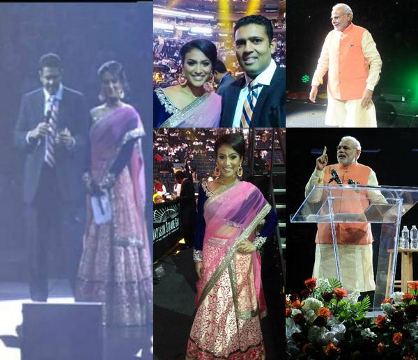 joel__Samuel's tweet image. Modi meets Miss America #ModiMeetsAmerica @NinaDavuluri in a @ManishMalhotra1 ensemble at Madison @TheGarden @IBNLive
