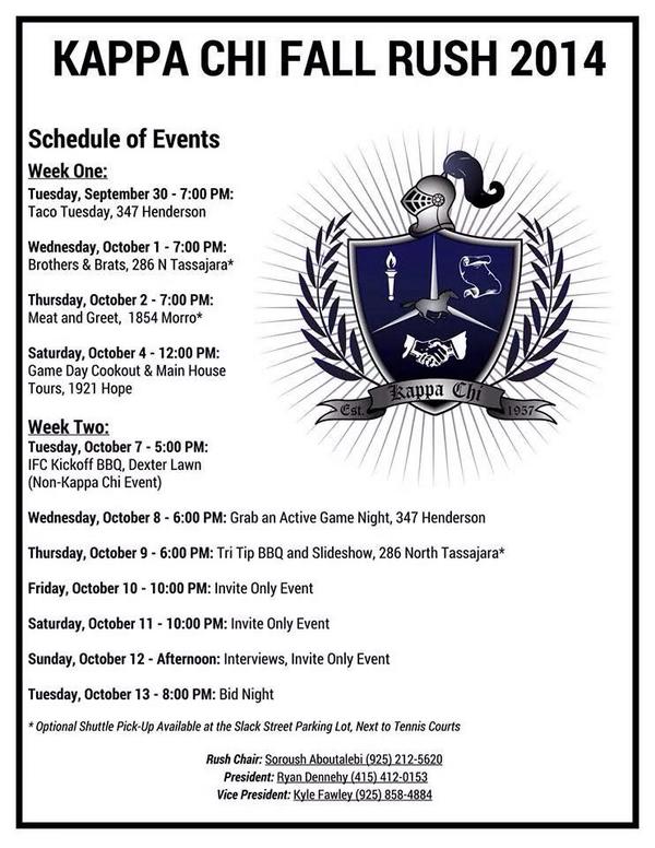 KappaChiSLO's tweet photo. Our Official Kappa Chi Fall Rush 2014 Schedule of Events: http://t.co/psRKm6LMYn