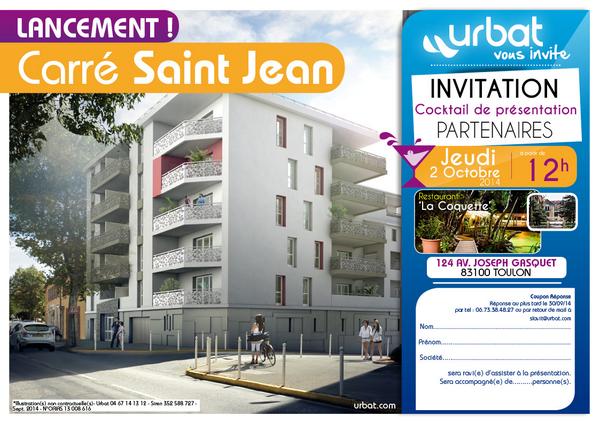 slavit_urbat's tweet photo. @urbatimmobilier Rdv jeudi 2/10 12h au cocktail de présentation du Carré St Jean #toulon 33 logements T1,T2 et T3 http://t.co/kb56PFOI6x
