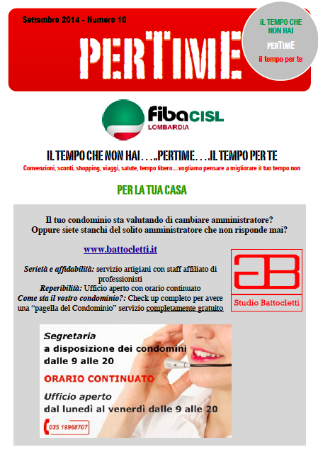 FirstLombardia's tweet photo. nuovo numero di #PERTIME le #convenzioni Fiba Cisl #Lombardia @CislNazionale @Newsinunclick @twitnotizie @FibaCisl http://t.co/Ntq4RBgorN