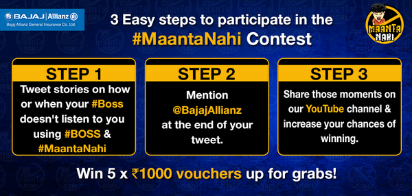 bajajgeneral's tweet photo. Here are 3 easy steps to play the #Boss #MaantaNahi #Contest. 5 Vouchers worth Rs.1000 each are up for grab! http://t.co/YVoJPUY7TG