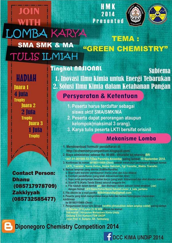 HMK Undip present Diponegoro Chemistry Competition:Olimpiade Kimia se-Jawa|LKTI Nasional dll cc: @Smadajoe <a href="/smandacrb/">SMAN 2 Cirebon</a>