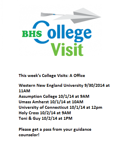 BurncoatHS_Guid's tweet photo. This week’s College Visits: A Office http://t.co/HMXsPAlPlp