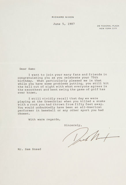 darrenrovell's tweet photo. Classic Note: Richard Nixon letter to Sam Snead in 1987 (via @HeritageAuction) http://t.co/TIRlmhc0IG
