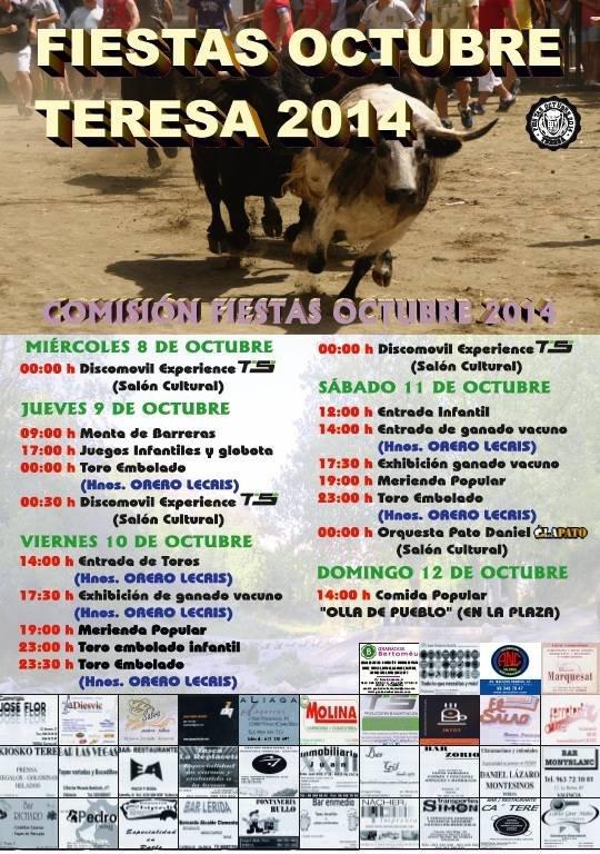 TorosAPalancia's tweet photo. Aquí os dejamos el cartel de las fiestas de #Teresa de octubre 2014, gracias a @FesterasOct14 http://t.co/mbYYbfHSv4