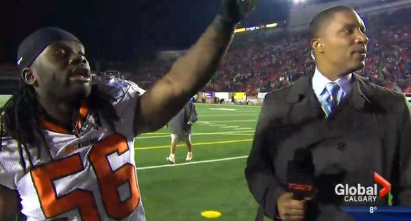 BleacherReport's tweet photo. VIDEO: CFL LB Solomon Elimimian trash talks an opponent during a halftime interview http://t.co/EYjinwIWwE http://t.co/u4JXsPS9JE