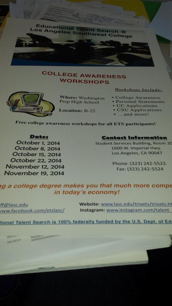 ETS <a href="/TrioEts/">TRiO-ETS @LASC</a> workshops at Washington Preparatory High School. 

We Are College Bound!