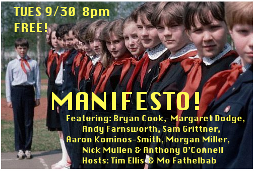iamtimellis's tweet photo. Tues @ 8, comrades! @ManifestoPRB W/@BryanCooking @SamGrittner @Morganmiller17 @bambifransworth @funnyaaron &amp;more! http://t.co/RZOS52upuh