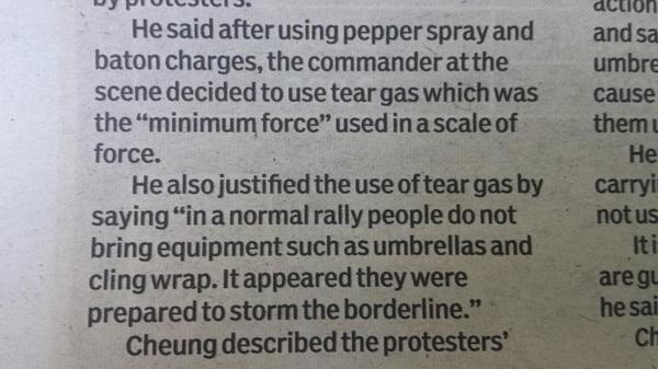 Hong Kong police say they teargassed protesters because they were armed with umbrellas and platic wrap