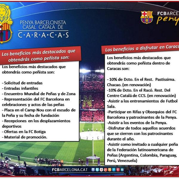PenyaFCBdeCCS's tweet photo. Ventajas y Beneficios de la penya Barcelonista de Caracas. Inscribete y vive la pasion blaugrana. http://t.co/ANpsOkUAMH