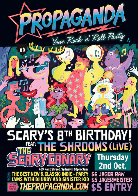 PropagandaAus's tweet photo. @TheScaryCanary 8th birthday. The Shrooms live for some frat party fun. Jager drinks deals too! Boom http://t.co/LkM2rYABFJ