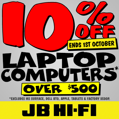 JBAdelaideCity's tweet photo. Hey #Adelaide! 10% Off Laptop Computers over $500 ends TODAY! Get in now for crackin deals!
https://t.co/UhfPBejc2r http://t.co/hrDhrKelDs