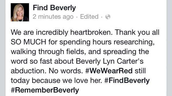 MarielleMohs's tweet photo. #findbeverly Facebook page telling us to wear red today in #beverlycarter 's honor. #RememberBeverly http://t.co/CtLvgKUqq3