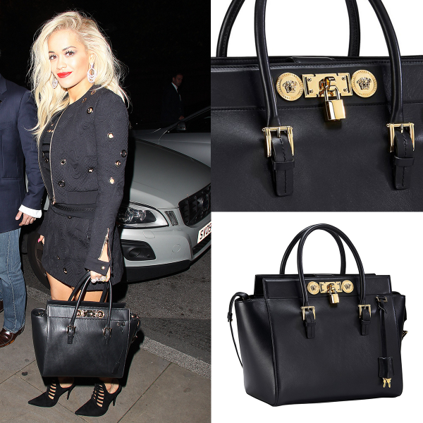 Versace's tweet photo. @RitaOra was beyond stylish with the black Lock #VersaceSignatureBag in Manchester. #VersaceCelebrities http://t.co/V4mbjD6Q3i