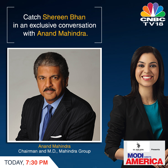 CNBCTV18News's tweet image. Tune in at 7:30 PM to catch @ShereenBhan in an exclusive conversation with @anandmahindra.  #ModiMeetsAmerica