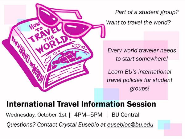 Part of a student group? Want to travel the world? Come to @BUCentral tomorrow night to learn how!! <a href="/saoBU/">BU StudentActivities</a>