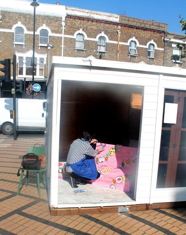 <a href="/DickieSays/">Dickie Wilkinson</a>'s in the #ArtShed adding finishing touches to our Bookbenches, decorated by children at #AutumnArts