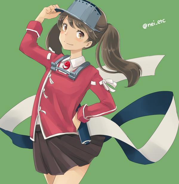 ryuujou (kancolle) 1girl solo twintails brown hair visor cap magatama skirt  illustration images