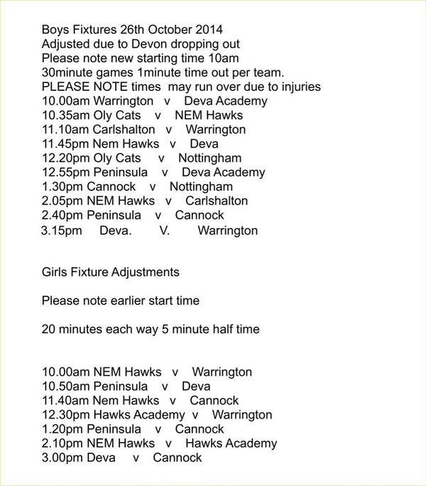 Adjusted 26th October under 18 fixtures