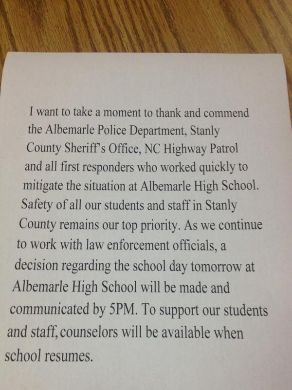 WBTV_News's tweet photo. RT @BrodyOConnell: Statement from superintendent Griffin: http://t.co/wLjpq5vO2Q #Albemarle #shoolshooting