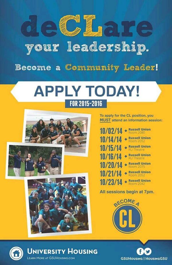 gsucourtyard's tweet photo. Interested in becoming a Community Leader? Talk to your CL today to find out how you can! #LifeAtCourtyard #ResLife http://t.co/GxetgWTg8J
