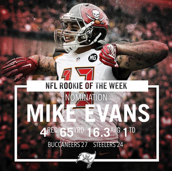 Buccaneers's tweet photo. WR @MikeEvans13_ has been nominated for the Week 4 @NFL Rookie of the Week!  

Vote for Mike: http://t.co/zlOwCnS6Yt http://t.co/xQkOghtsgt
