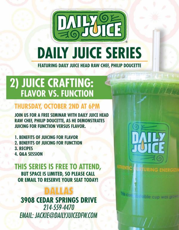 DailyJuiceDFW's tweet photo. Just a few spots left! Learn the art of Juice Crafting! Oct 2nd @ 6pm RSVP : 214-559-4470 or Jackie@dailyjuicedfw.com http://t.co/NemjINLS7l