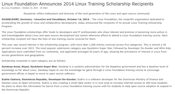 eudriscabrera's tweet photo. Linux Training Scholarship 2014 Winner #DeveloperDoGooder #Linux #scholarship2014 @linuxfoundation http://t.co/3usSv52p2e