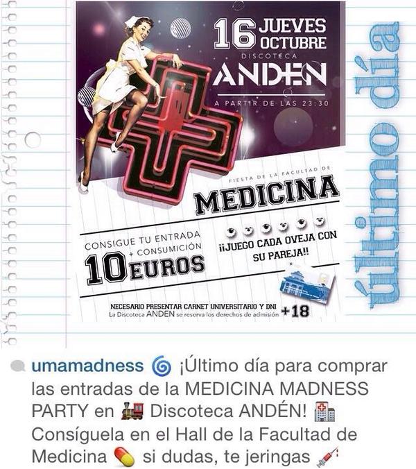 mediprojectuma's tweet photo. Nueva fiesta de Medicina en discoteca Andén. Mañana a partir de las 23:30. No te la pierdas! 605966751 @LigoteosUMA_ http://t.co/dR8Czr7k6w