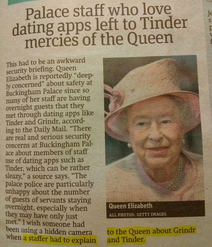 meanbronz's tweet photo. Even the Queen has her concerns about Tinder lol.. Great story tonight on @3rdDegreeTV3 Have you used the app? http://t.co/IZzILxn8yY