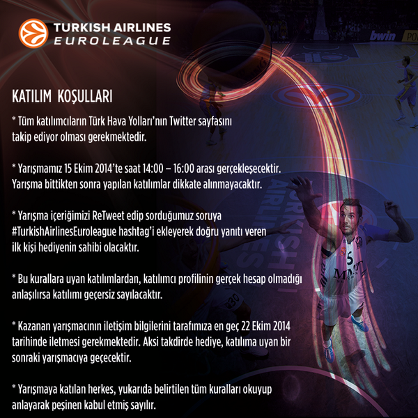 Sürpriz yarışmamız 14:00’da başlıyor, kazanma şansı için bu Tweet’i RT etmeyi unutmayın! #TurkishAirlinesEuroleague