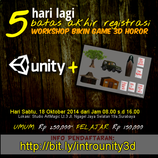 5 hari lagi pendaftaran Workshop 6 Jam Bikin Game 3D Horor Slenderman ditutup bit.ly/introunity3d <a href="/GamesInAsiaID/">Tech in Asia Games</a>