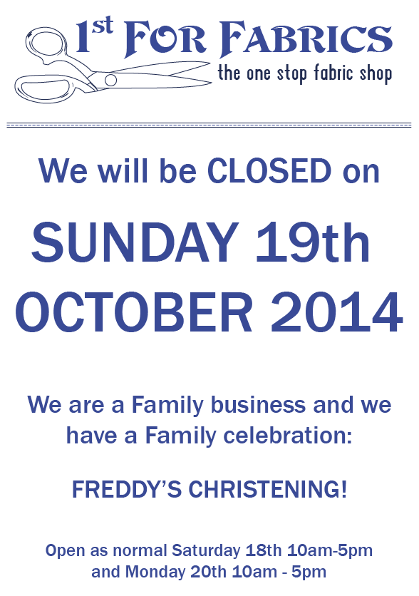 Make sure you have all your weekend supplies in - we will be CLOSED this SUNDAY, 19th OCTOBER 2014!
