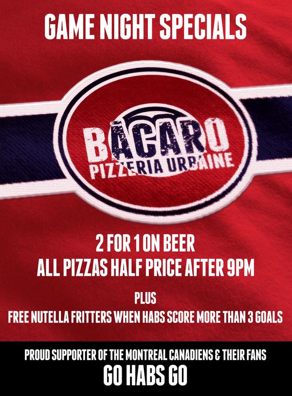 Habs are playing the Bolts tonight...catch the game at Bacaro and enjoy the game night specials! #Habs #Montreal